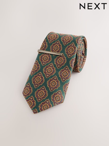 Green Geometric Print Tie with Tie Clip (AY4125) | 89 QAR