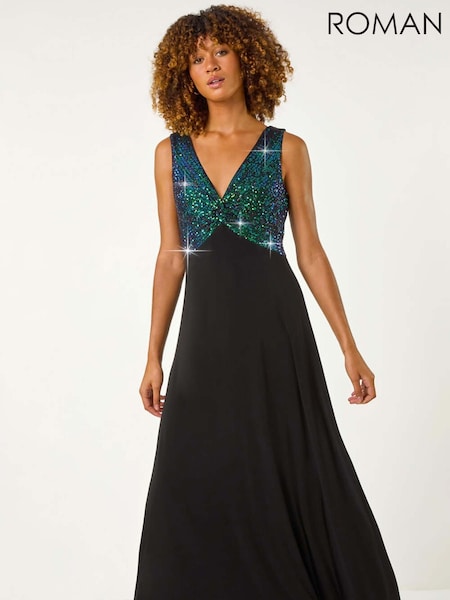 Roman Green Contrast Sequin Bodice Maxi Dress (AY4126) | OMR51