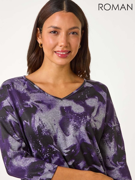 Roman Purple V-Neck Abstract Print Top (AY4190) | €40