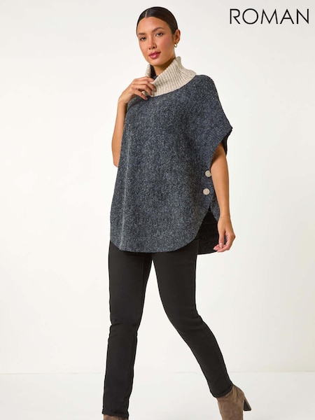 Roman Black Contrast Roll Neck Button Knit Poncho (AY4196) | 208 QAR
