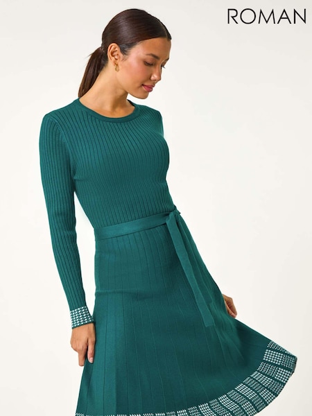 Roman Green Ribbed Stretch Knit Border Print Dress (AY4203) | €60