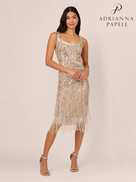 Adrianna Papell Metallic Beaded Fringe Dress (AY4293) | AED841
