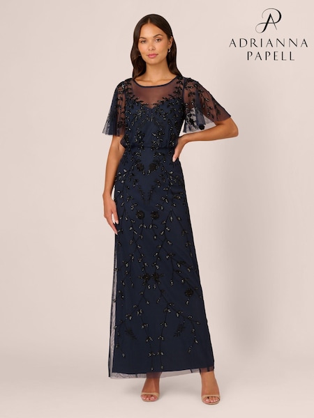 Adrianna Papell Blue Bead Blouson Long Dress (AY4298) | €237