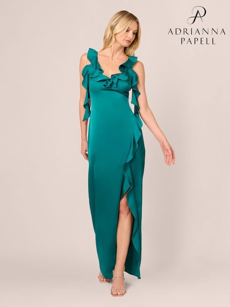 Adrianna Papell Green Stretch Satin Long Dress (AY4299) | 655 QAR