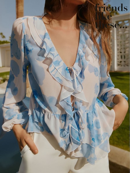 Sininen - Friends Like These Long Sleeve Ruffle Front Blouse (AY4301) | €57