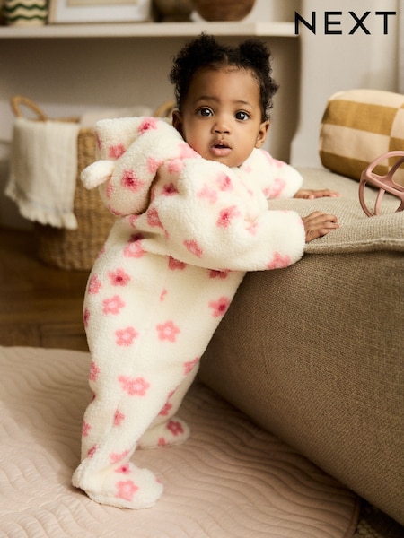 Ecru and Pink Floral - Baby Borg Hooded Pramsuit (0mths-2yrs) (AY4376) | 40 € - 43 €