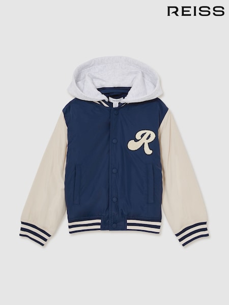 Reiss Airforce Blue/Off White Fred 13-14 yrs Logo Patch Hooded Varsity Jacket (AY4391) | €119