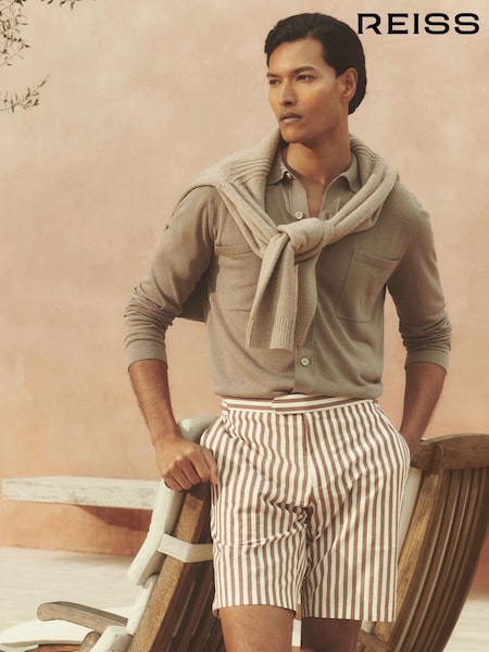 Reiss Off White/Mocha Roas Cotton Blend Seersucker Stripe Shorts (AY4402) | AZN 246