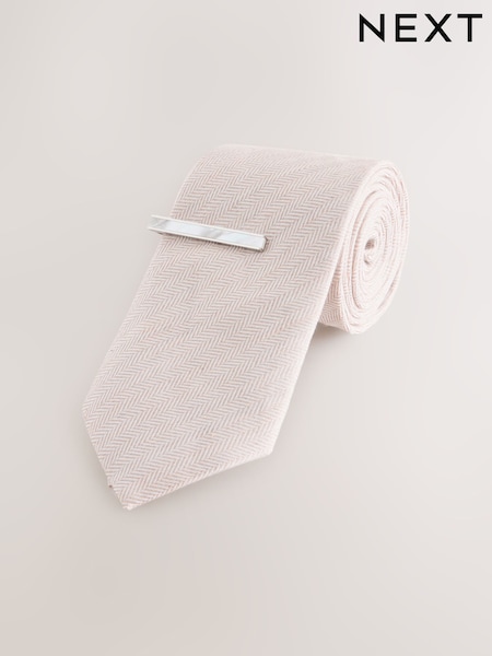 Neutral Herringbone Tie with Mother of Pearl Tie Clip (AY4419) | €42