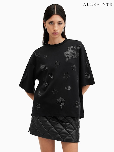 AllSaints Black Amelie Embroidered Rose 100% Organic Cotton T-Shirt (AY4494) | ₪347