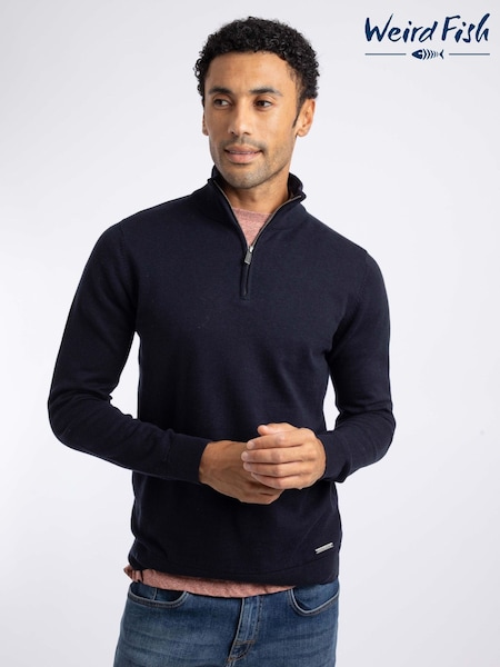 Blue - Regular Weird Fish Erick 1/4 Zip Fine Knit Jumper