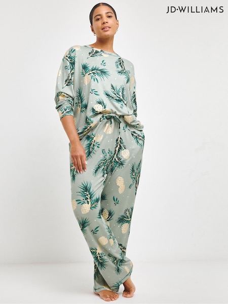 JD Williams Green Pineapple & Palm Gold Foil Print Pretty Secrets Supersoft Twosie Pyjamas (AY4666) | €36