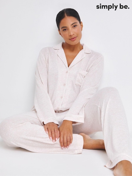 Simply Be Natural Pretty Secrets Brushed Ribbed Button Through Pyjama Set (AY4669) | AED96