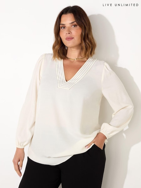 Live Unlimited White Curve V-Neck Contrast Stitch Blouse (AY4730) | €37