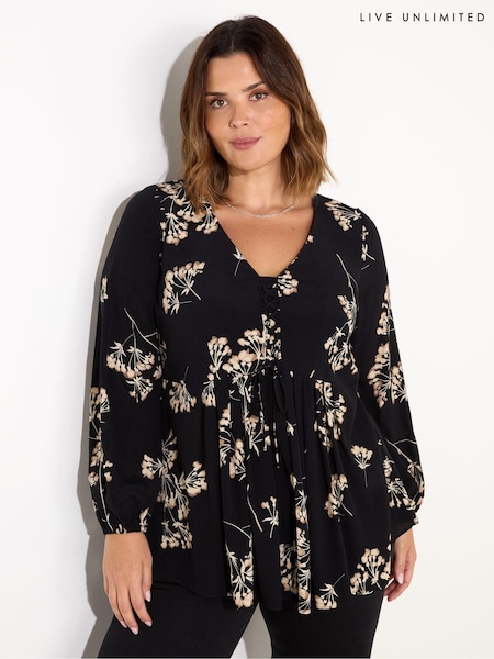 Live Unlimited Black Curve Floral Tie Front Blouse (AY4738) | €43.50