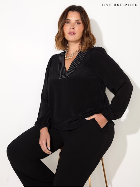 Live Unlimited Black Curve V-Neck Contrast Stitch Blouse (AY4746) | €37