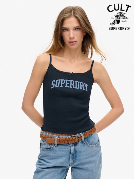 Superdry Blue Athletic Essentials Graphic Pointelle 100% Cotton Cami Top (AY4826) | €25