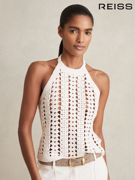 Reiss White Cally Cotton Crochet Halterneck Vest Top (AY4940) | €167