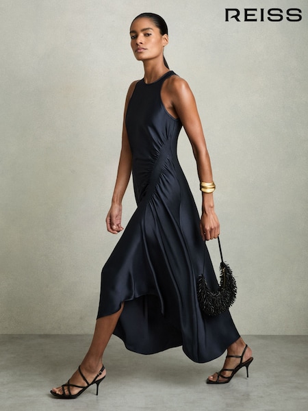 أزرق داكن - Reiss Anessa Satin Shirred Midi Dress (AY4946) | ‏102 د.ك.‏
