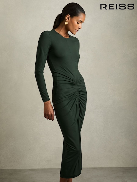 Reiss Green Ginny Petite Ruched Jersey Midi Dress (AY4948) | €213