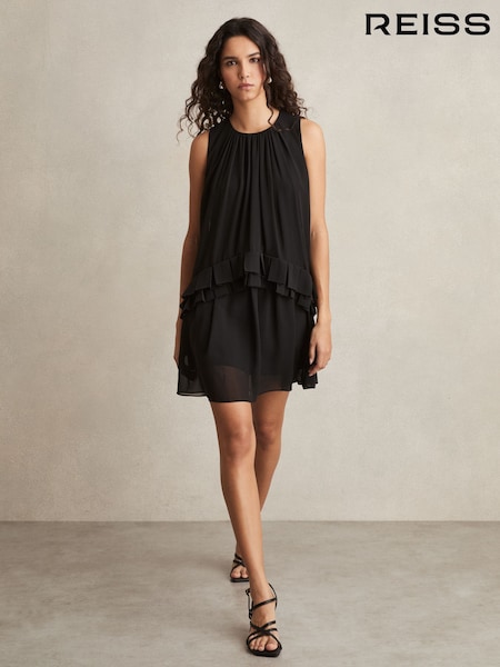 Reiss Black Luni Chiffon Tiered Ruffle Dress (AY4951) | ₪1,312