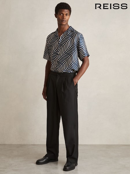 Reiss Navy/ Off White Carbello Wave-Print Cuban-Collar Shirt (AY4954) | €142
