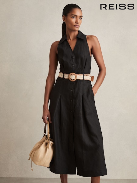 Reiss Black Annie Linen Belted Sleeveless Midi Dress (AY4960) | $350