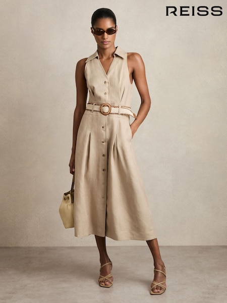Reiss Neutral Annie Linen Belted Sleeveless Midi Dress (AY4961) | $350