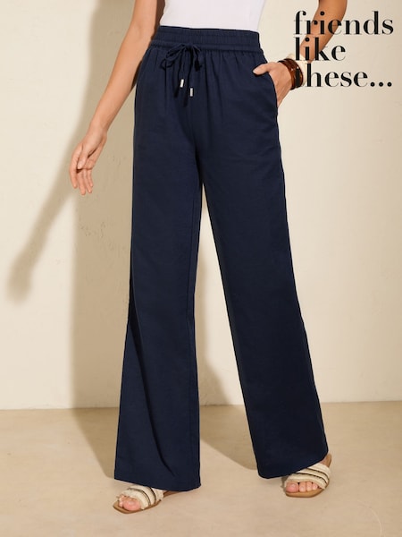 Friends Like These Navy Petite Wide Leg Linen Blend Trousers (AY4999) | $49