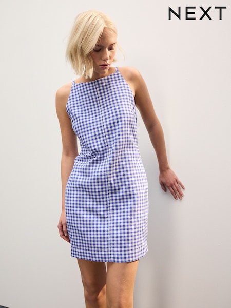 Light Blue Gingham Mini Sleeveless Racer Stretch Linen Blend Dress (AY5029) | €48