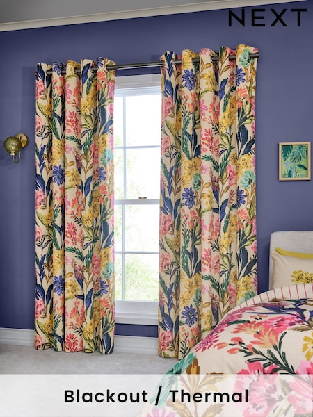 Bold Floral Print Linen Blend Blackout Thermal Eyelet Curtains (AY5035) | R$ 735 - R$ 1.520