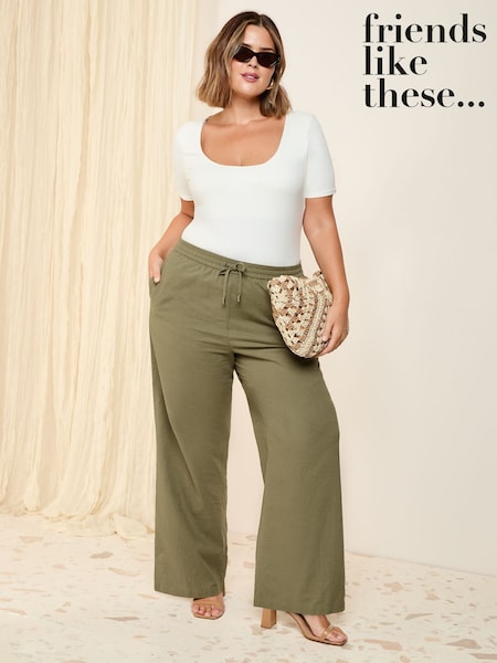 Friends Like These Khaki Green Curve Wide Leg Linen Blend Trousers (AY5043) | €35