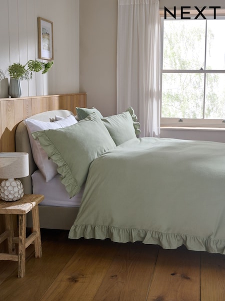Sage Green Brushed Frill Edge Supersoft Duvet Cover and Pillowcase Set (AY5079) | 165 zł - 345 zł