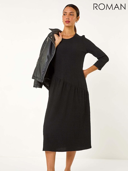 Roman Black Textured A-Line Stretch Midi Dress (AY5131) | €53