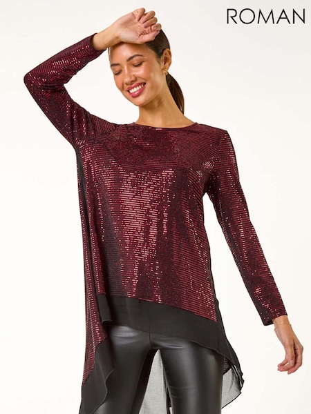 Roman Red Chiffon Hem Sequin Stretch Tunic Top (AY5134) | €53