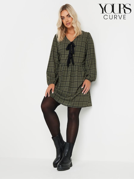 Yours Curve Khaki Green Limited Collection Check Bow Front Mini Dress (AY5181) | $72