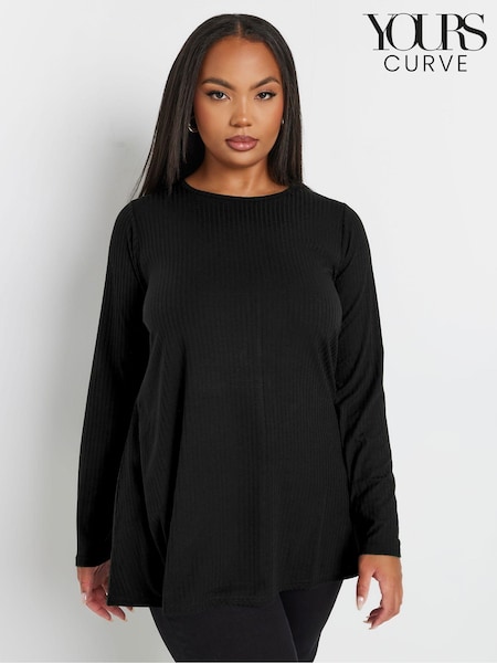 Yours Curve Black Long Sleeve Ribbed Swing Top (AY5183) | €31