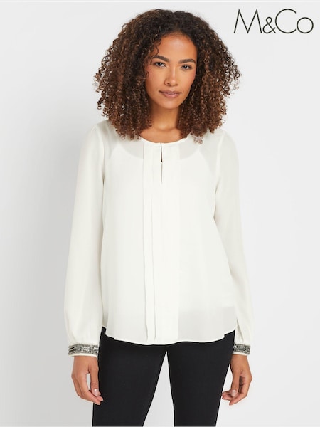 M&Co Cream Embellished Cuffed Pleated Blouse (AY5200) | ₪151