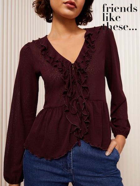 Friends Like These Burgundy Red Ruffle Front Mesh Blouse (AY5537) | €29