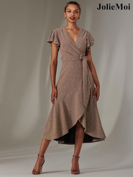 Jolie Moi Gold Marlie Metallic Angel Sleeves Maxi Dress (AY5549) | 391 QAR