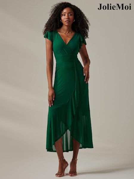Jolie Moi Green Plain Wrap Mesh Maxi Dress (AY5550) | 391 QAR