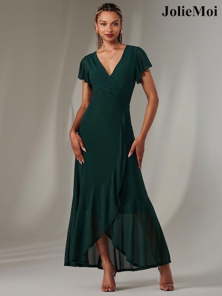 Jolie Moi Light Green Plain Wrap Mesh Maxi Dress (AY5554) | €104