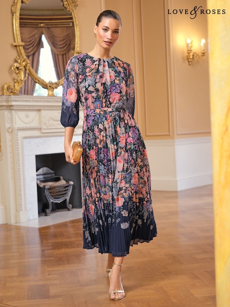Love & Roses Navy Floral Printed Crew Neck Pleated 3/4 Sleeves Midi Dress (AY5614) | 391 QAR