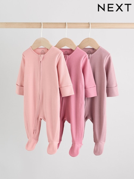 Pink 3 Pack Baby Two Way Zip Sleepsuits 3 Pack (0-2yrs) (AY5669) | €20 - €23