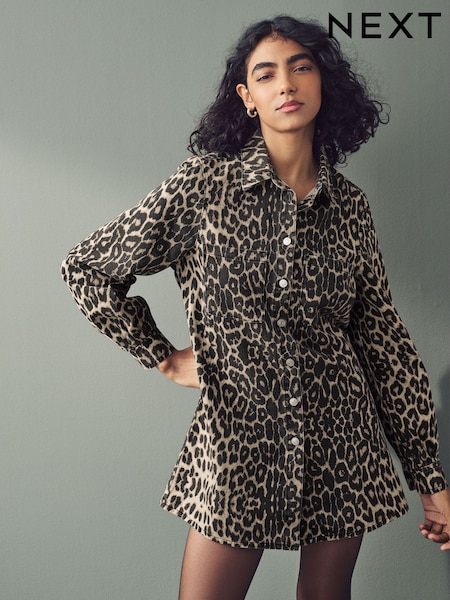 Leopard Print Button Down Mini Denim 100% Cotton Dress (AY5681) | €51