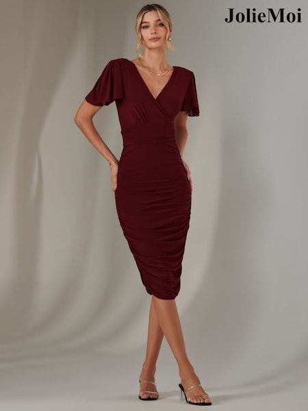 Jolie Moi cherry red Plain Angel Sleeve Ruched Bodycon Dress (AY5820) | ₪377