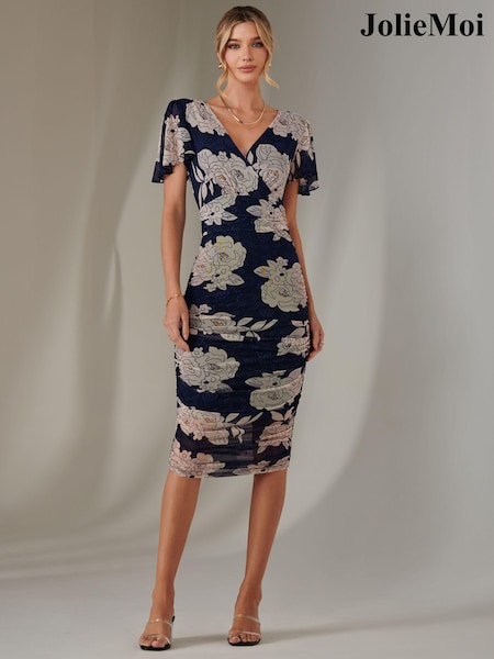 Jolie Moi Dark Blue Angel Sleeve Ruched Bodycon Dress (AY5829) | ₪377
