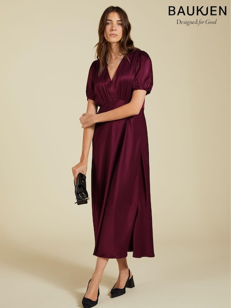 Baukjen Red Cathy Satin V-Neck Midi Dress (AY6014) | 831 LEI