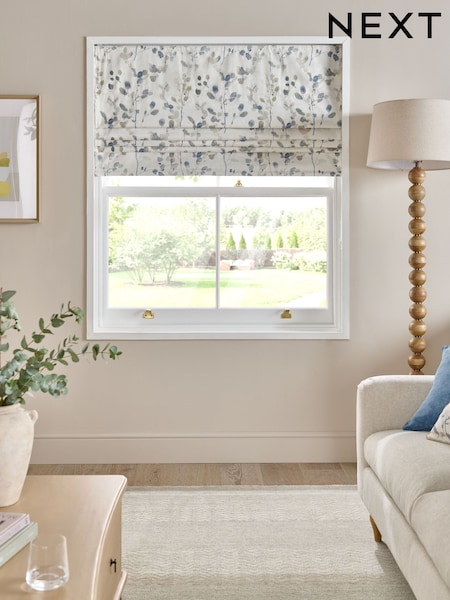 Natural/Blue Ready Made Blackout Roman Floral Print Honesty Leaf Blind (AY6045) | €59 - €132