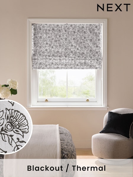 Black/White Ready Made Blackout/Thermal Roman Cotton Woodblock Blinds (AY6048) | €59 - €132